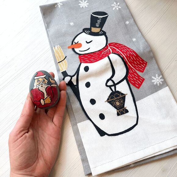 Hand-Painted Santa Stone Egg & Threshold Snowman Tea Towel Set - Picture 7 of 7